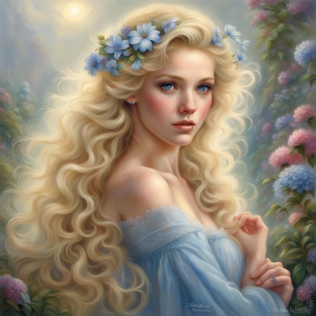 Fairy blonde wavy hair beautiful blue eyes flowers in her hair - AI ...