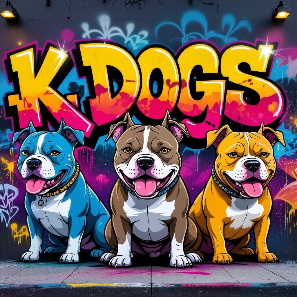 Create an ultra-detailed, Pitbull Pitbull Pitbull Pitbull Pitbull Pitbull large-scale graffiti mural featuring multiple stylized K dogs as t...