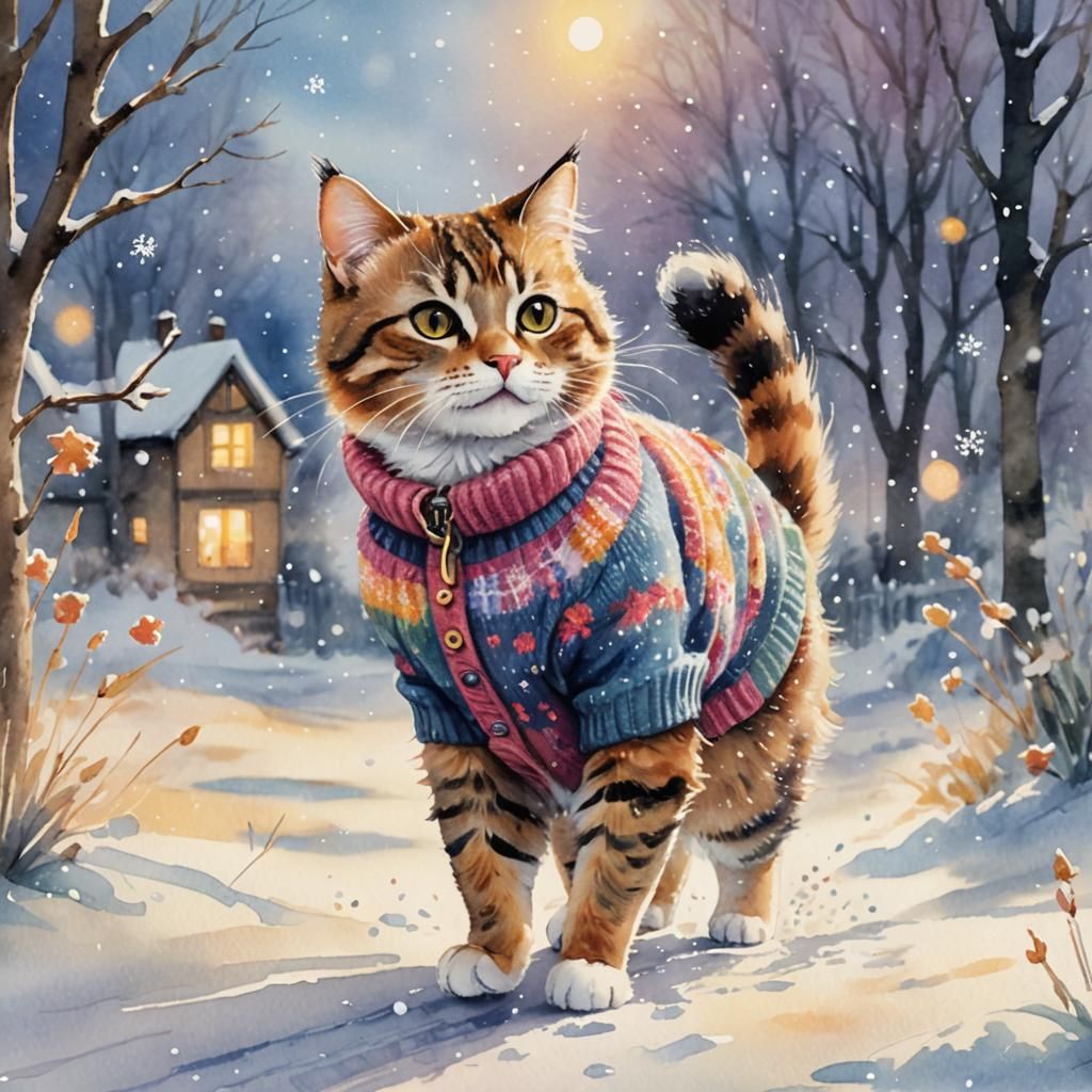 A cute cat walking in the snow with a jumper  by @random but cool