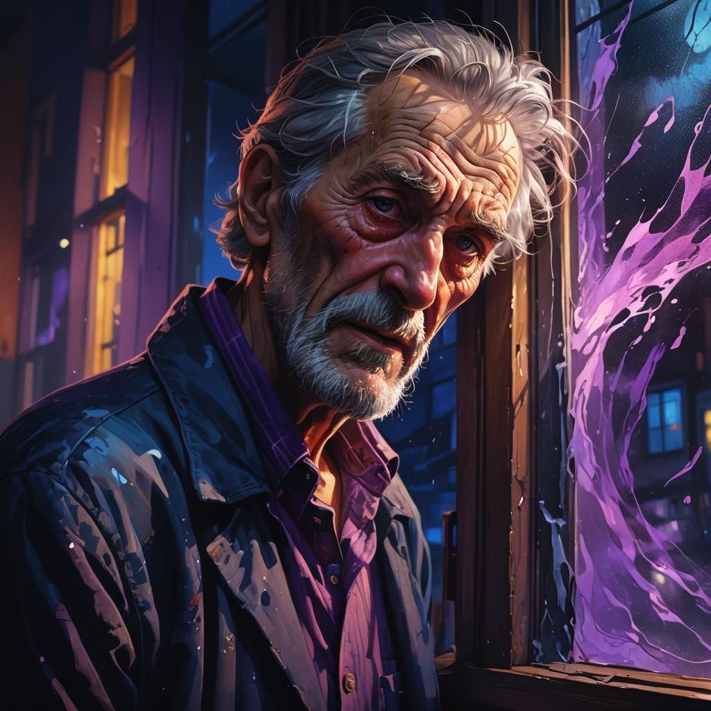 Shocked Old Man in the Night: Hyperrealistic Concept Art