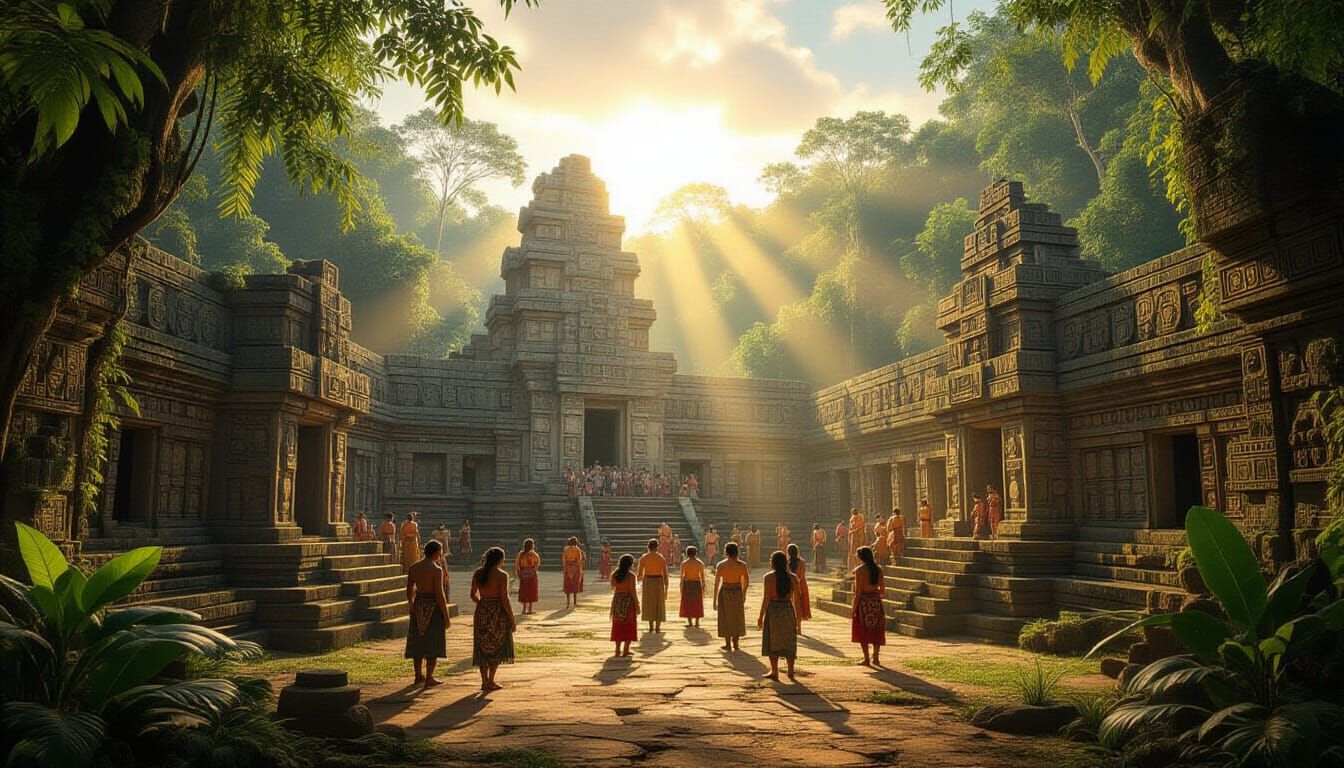 a photo realistic mayan temple in a clear wide opening in the jungle at mid day the temple complex is teeming with Mayan people going about ...