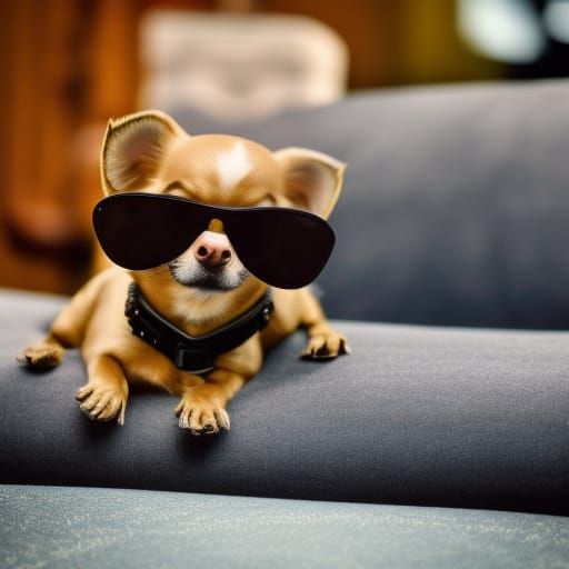 Cute cool chihuahua brown haired, wearing Sunglasses, is watching tv ...