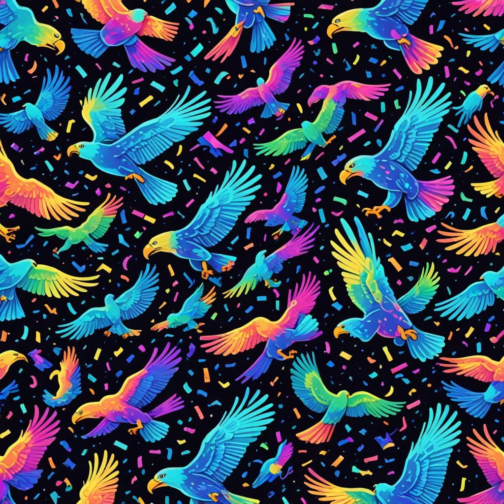 Glitch art. Sock design. A repeating pattern of bioluminescent eagles fragmenting into digital confetti, their majestic forms dissolving int...
