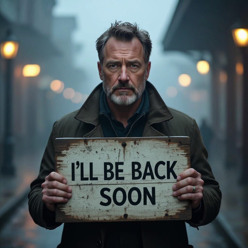 Man with 'Back Soon' Sign in Dramatic Film Noir Style