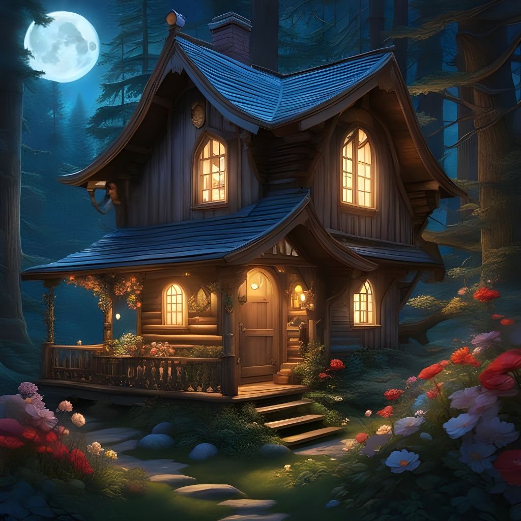 A cozy wooden cabin in the woods by full moon - AI Generated Artwork ...