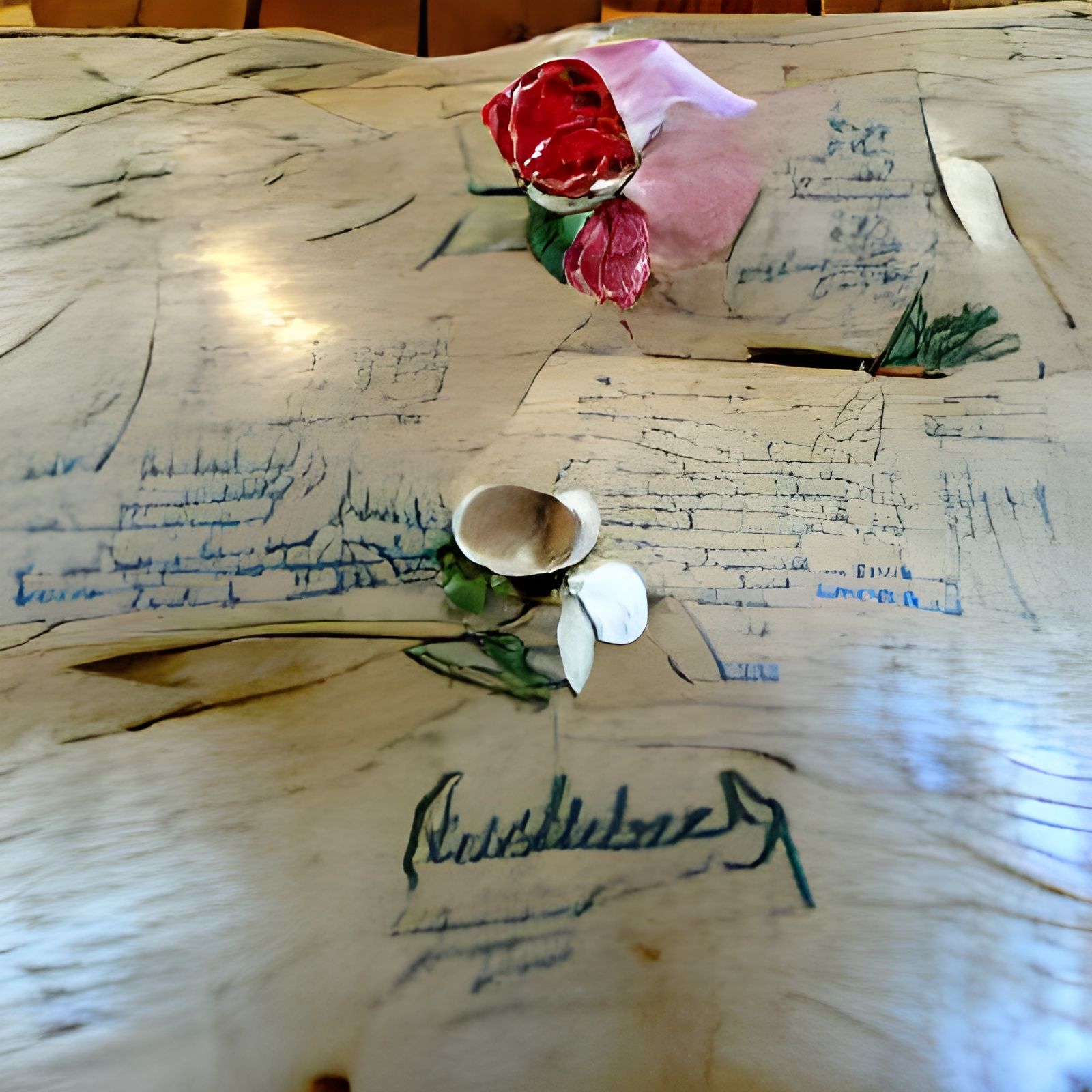 cafe table with handwritten papers and a rosebud