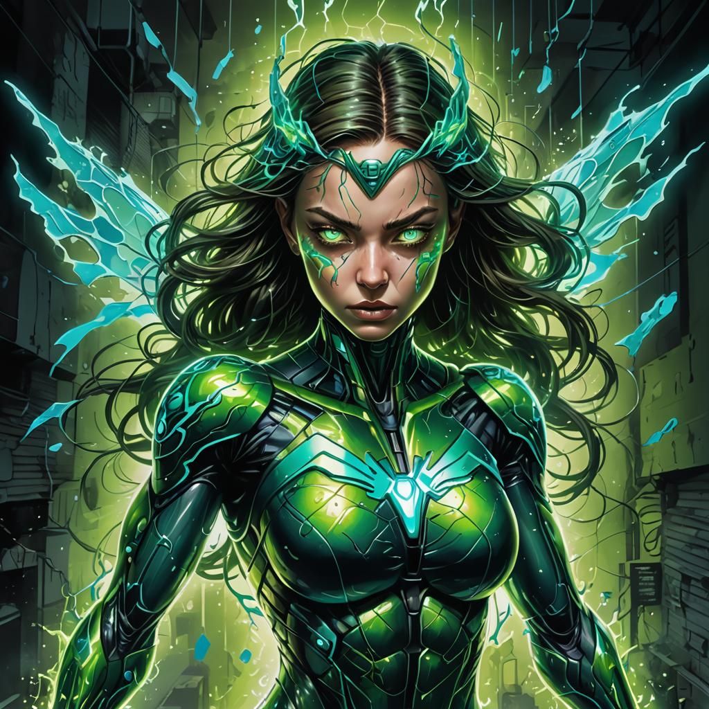 green translucent body, blue glowing eyes, bio engineered, covered in glowing veins that pulse with an ...  by @Christa