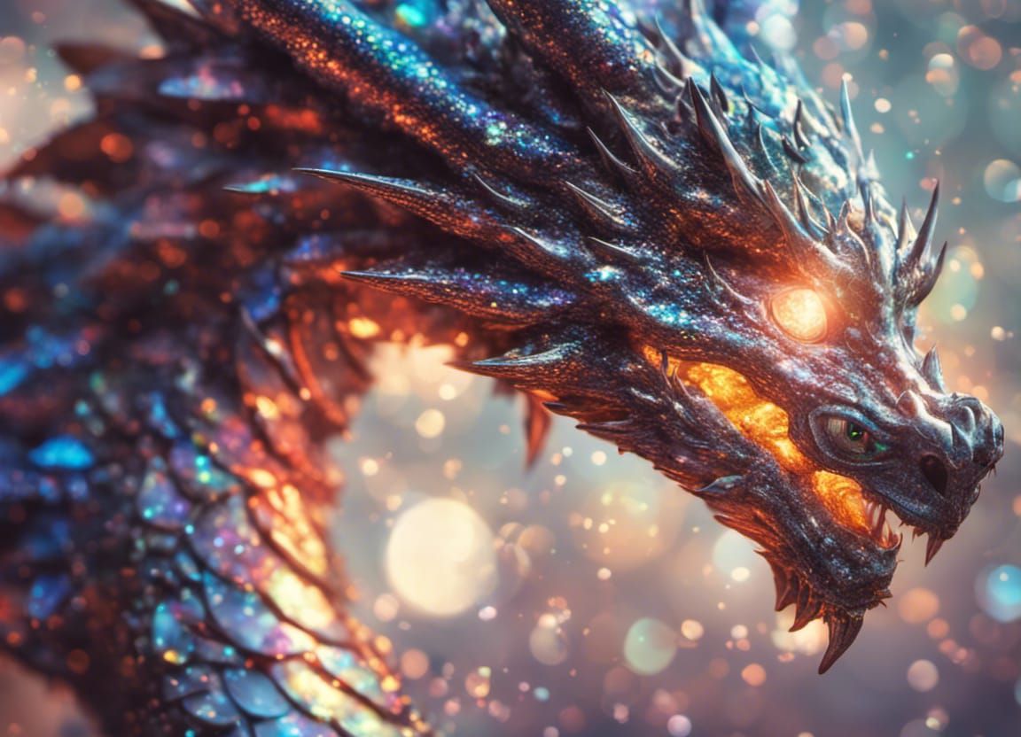 glitter dragon, bokeh, sparkle, shimmer, holographic, opal