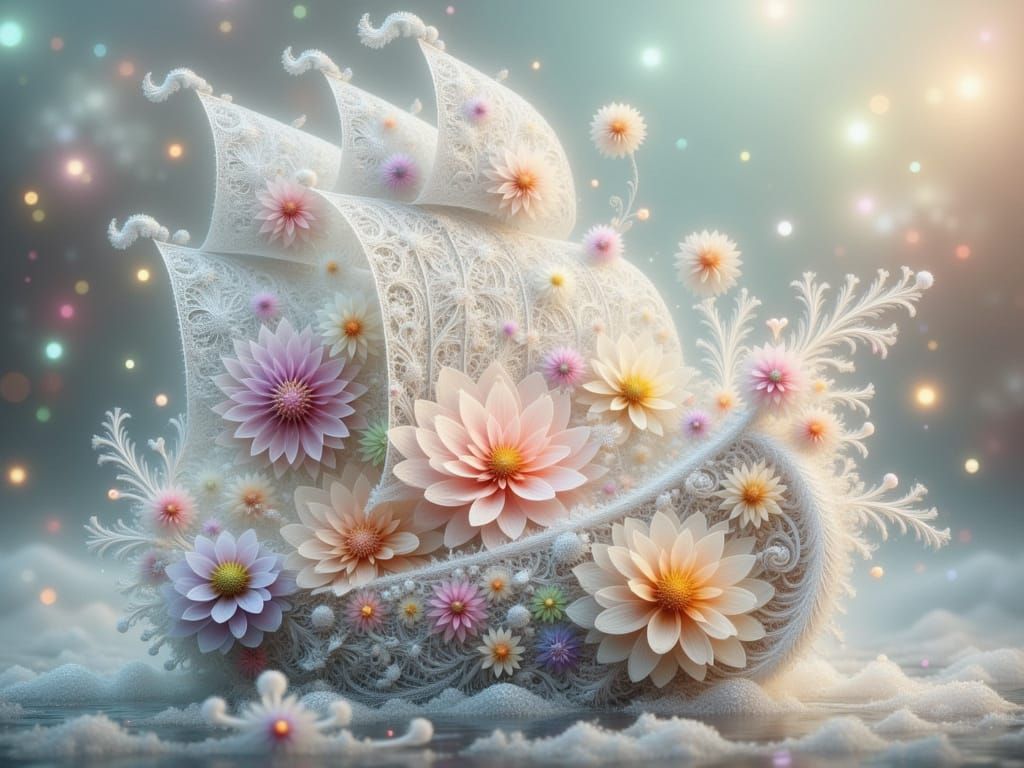 <lora:FiosFractalLace:1.0> Fantasy lace Sail Boat
