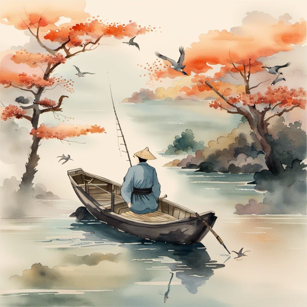 Japanese man fishing in boat in watercolor art, crane in the...