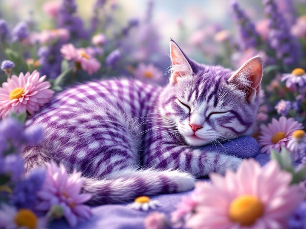 gingham patterned sleeping purple and white cat.   by @Ylona
