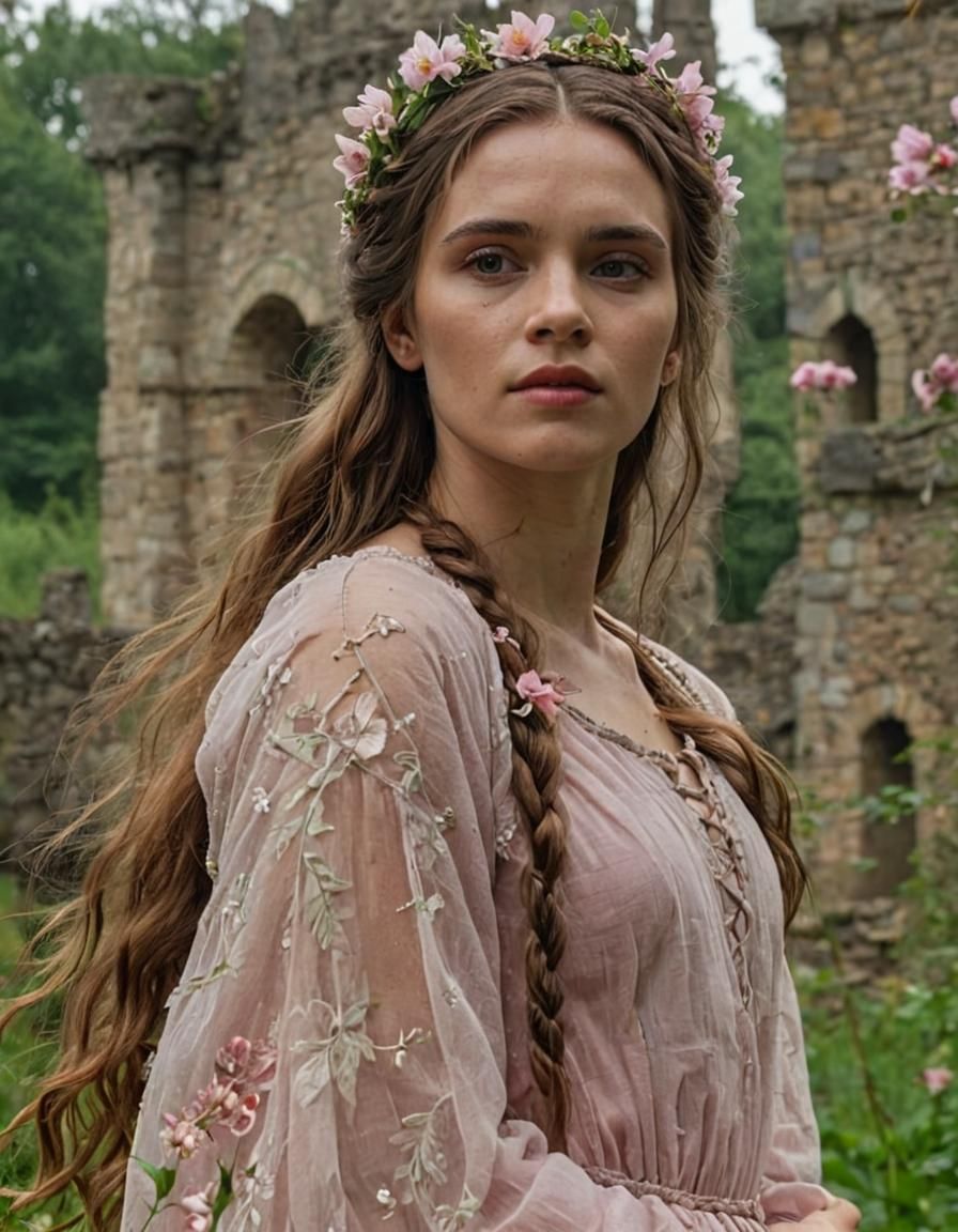 Medieval Girl in Ruined Castle, Photorealistic Style