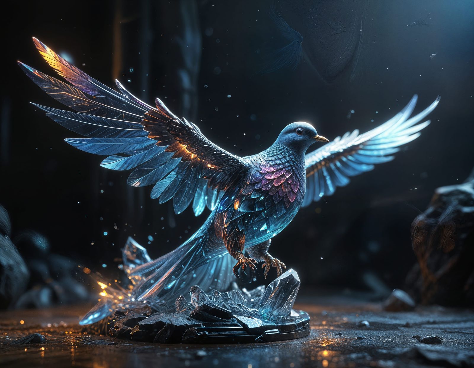 A highly detailed crystal sculpture of a dove in flight, showcasing opalescent rainbow reflections throughout ...  by @earlstringerjr