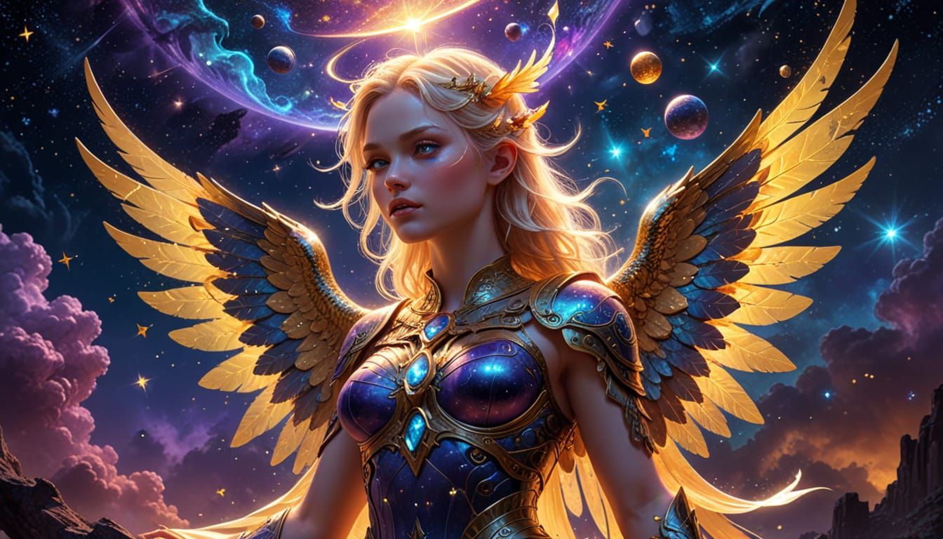 A beautiful blond mohawked baby Valkyrie angel stands in a wondrous twilight scene. Pixies and fairies flutter around her, their tiny wings ...