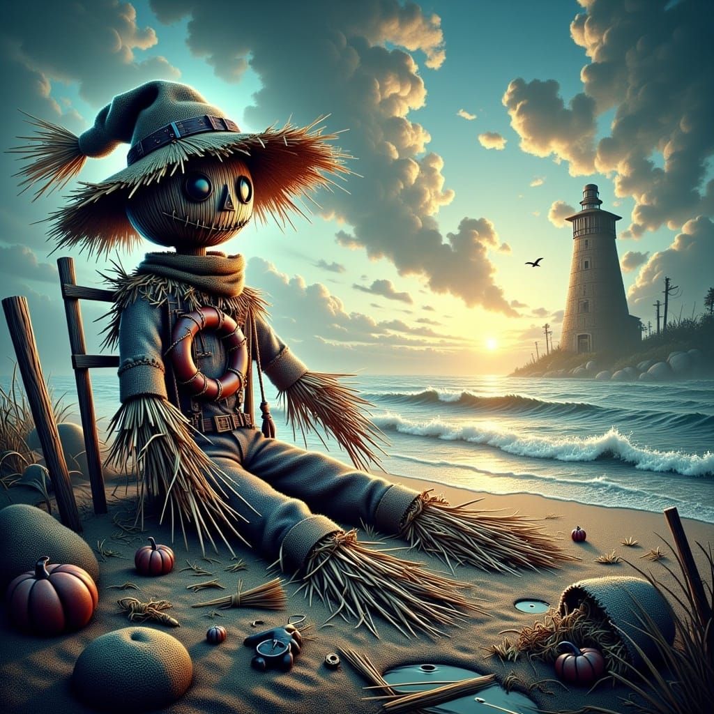 <lora:Steampunk Scarecrows:1.0> A lifeguard at a rocky beach, scarecrow, grunge, high contrast, rich colours