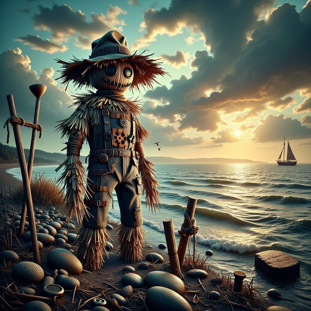 <lora:Steampunk Scarecrows:1.0> A lifeguard at a rocky beach, scarecrow, grunge, high contrast, rich colours