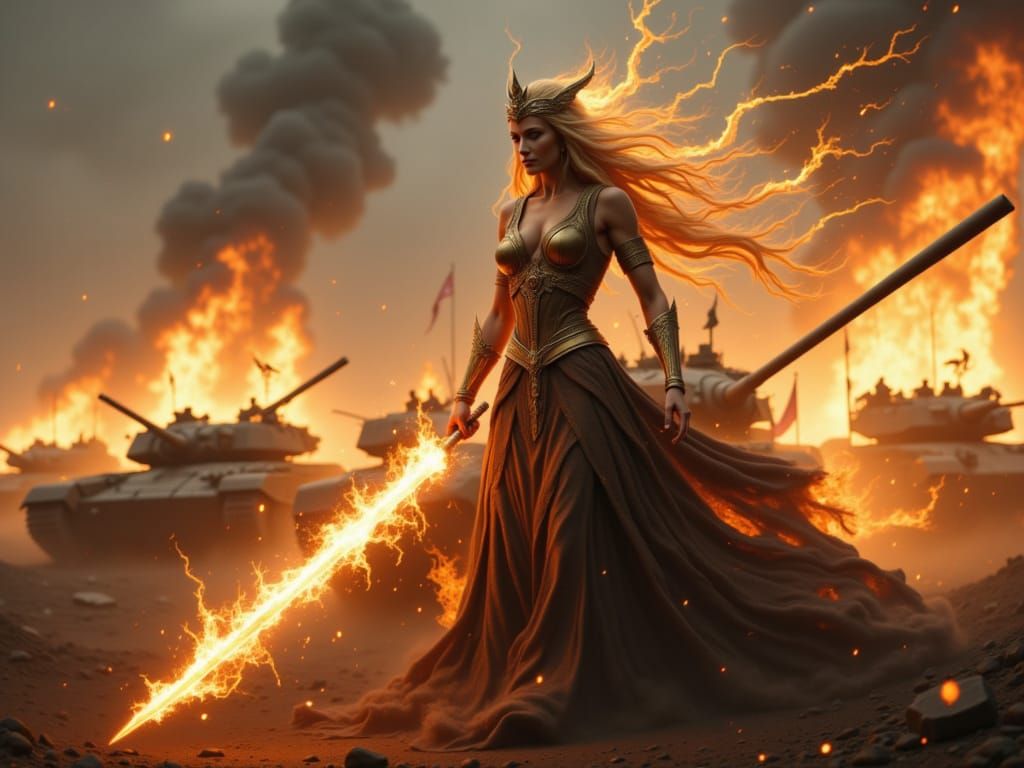 Goddess of war uses sith lightning to destroy tanks <lora:Dark Deities Mk2:1.0>