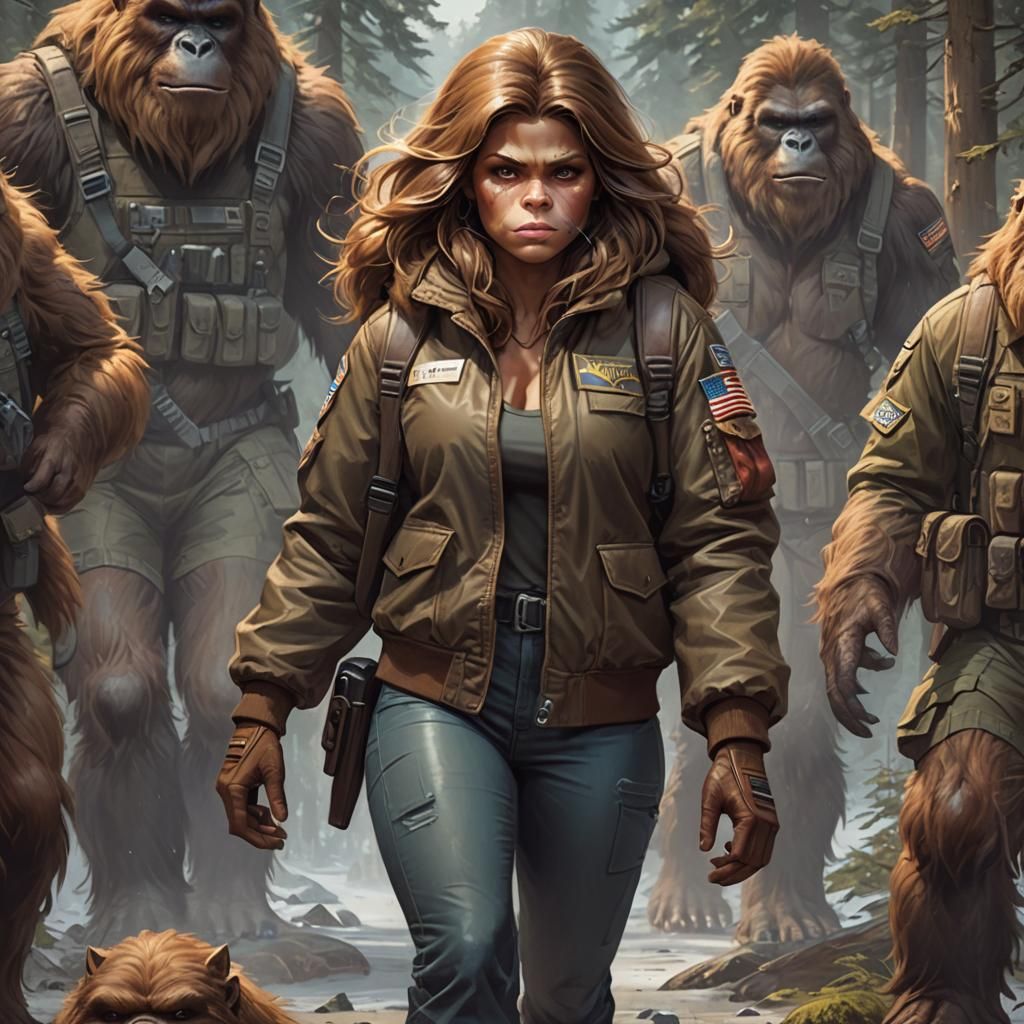 female Bigfoot as a solider, brownfur, Insanely detailed Full-body ...