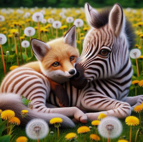 Zebra and fox playing
