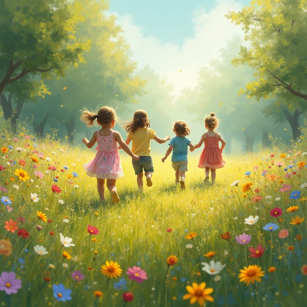 Children Play in a Vibrant Floral Meadow