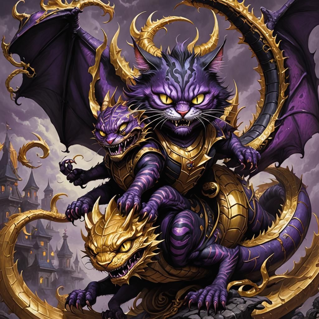 BLACK and PURPLE Demonic Cheshire Cat Riding a Golden Dragon