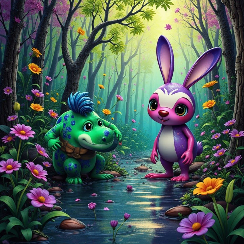 <lora:Zeste-citron chibi:1.0>a little crocodile and a big rabbit in a forest, Impasto Cascade Hallucination. stained glass, falling, spirits...