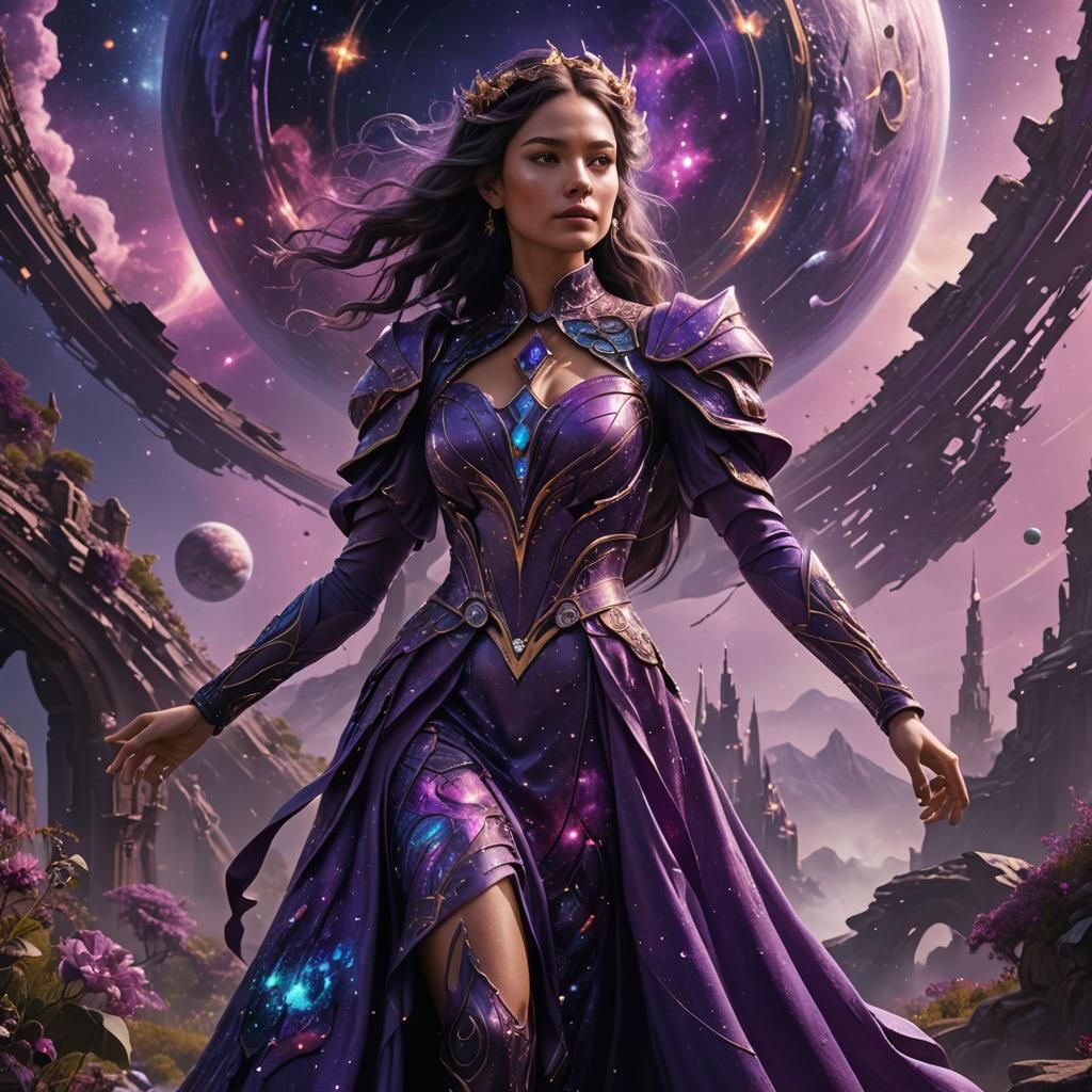 Purple cosmic dress on a lady  by @Mici Gold