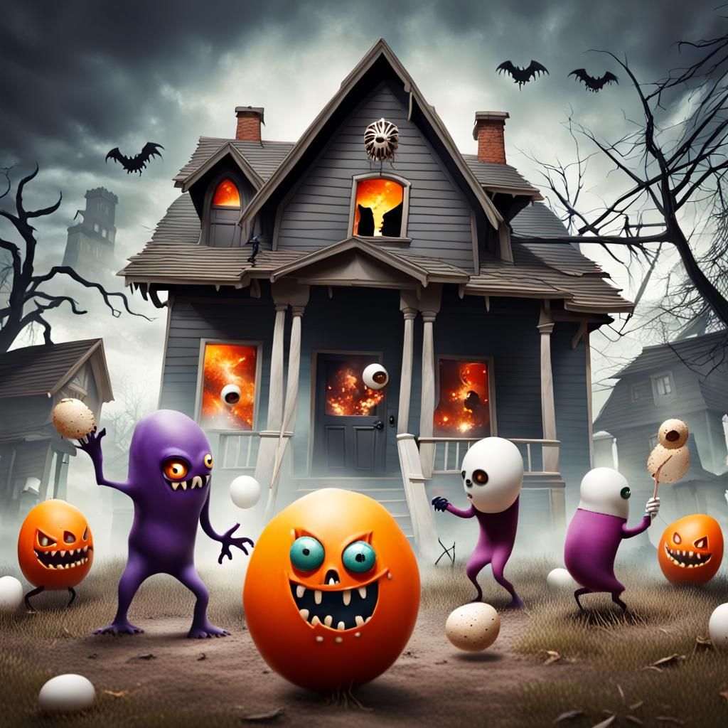 Monster trick or treaters  throwing  eggs   a house  and doi...