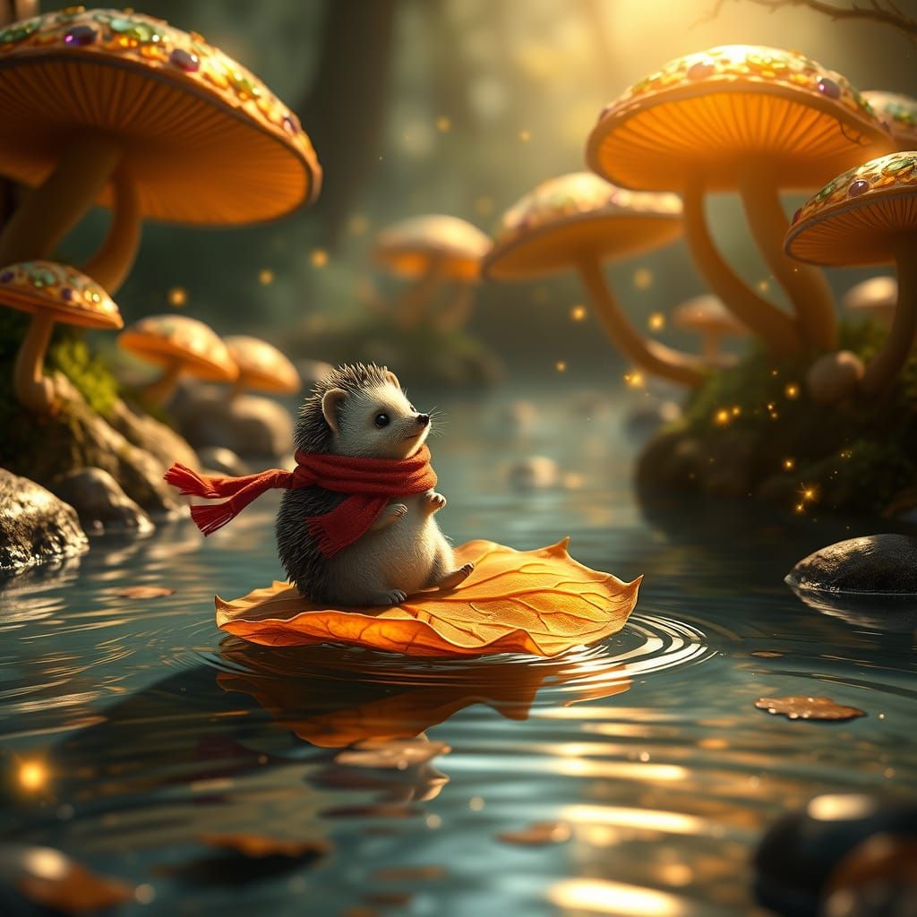 Tiny hedgehog sailing on a vibrant autumn leaf  by @giggle