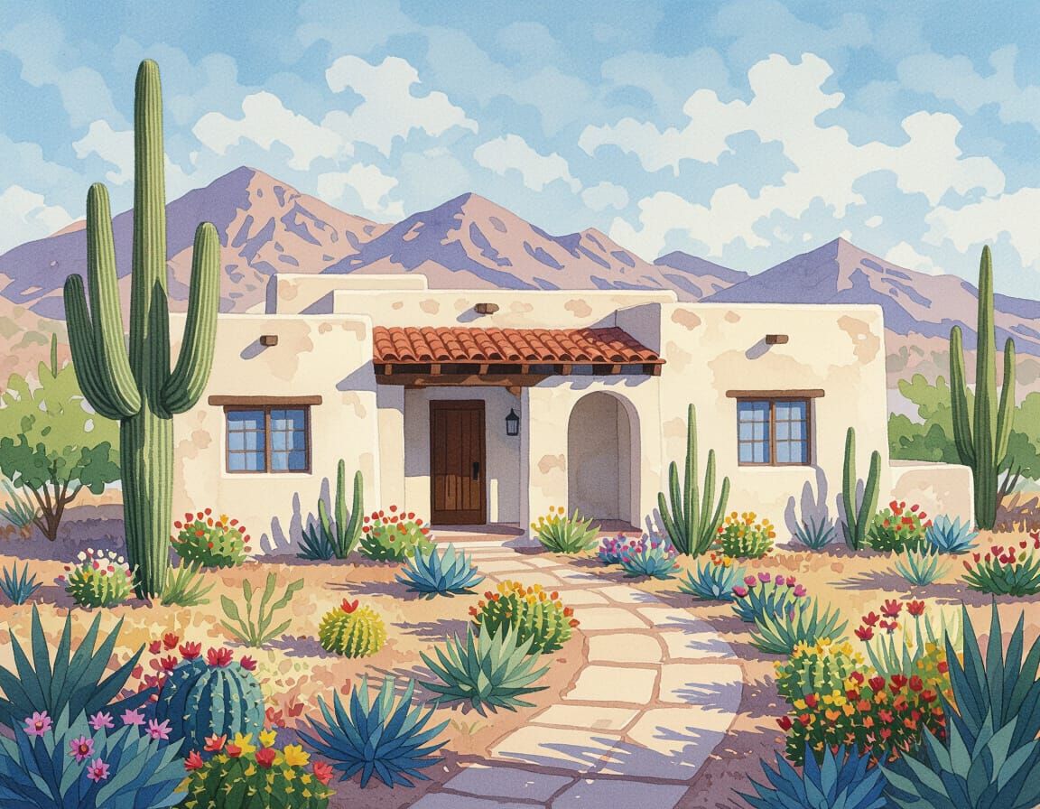 Watercolor Desert Hacienda with Saguaro Cactus