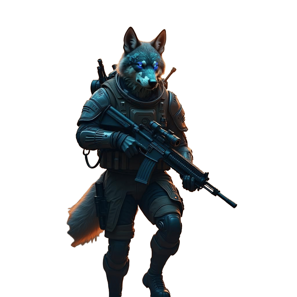 Futuristic half man half wolf soldier , walking in a jungle with a m4 rifle 