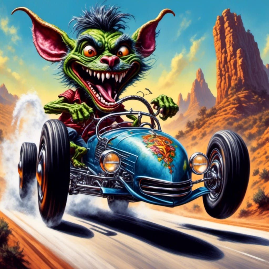 A detailed Ed Roth painting of an Ed Roth style Chupacabra d...