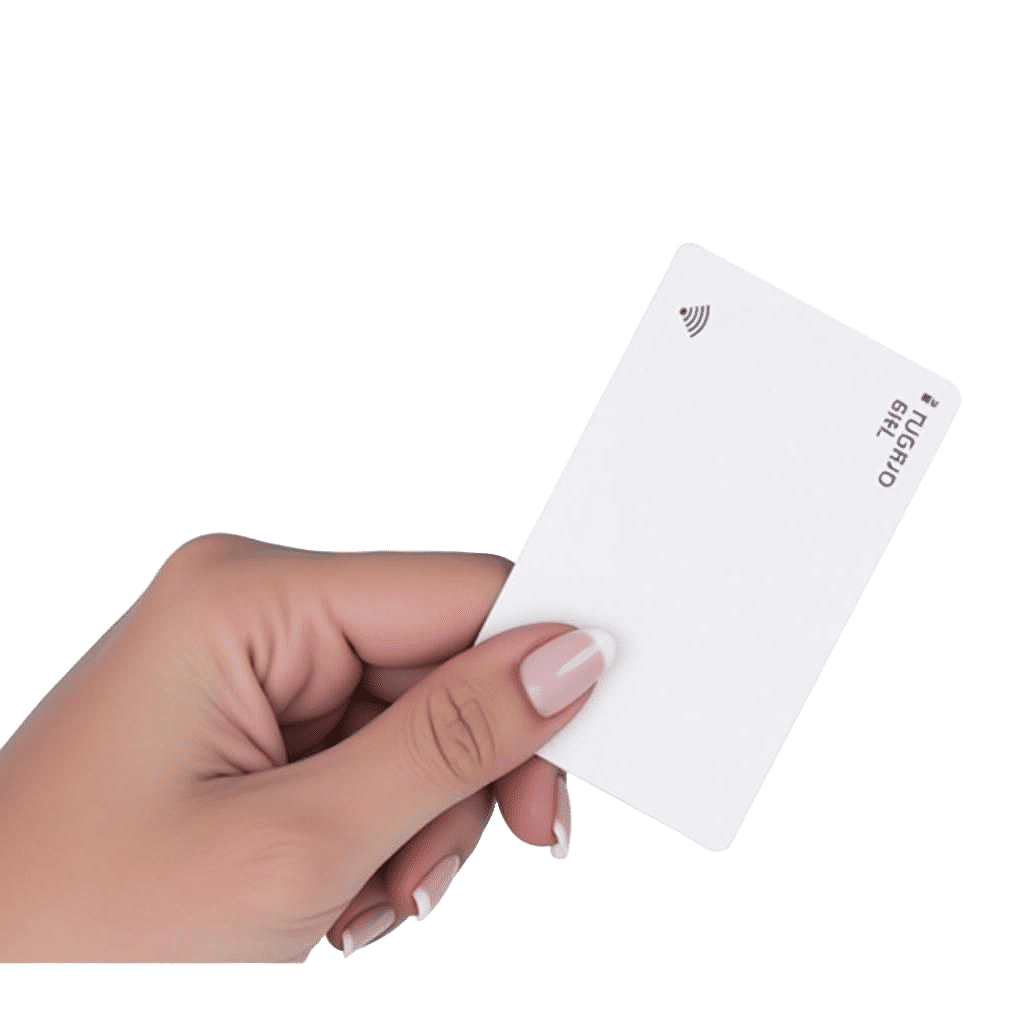 A FEMALE WHITE HAND HOLDING AN RFID CARD WITH 2 FINGERS REALISTIC COLORS
