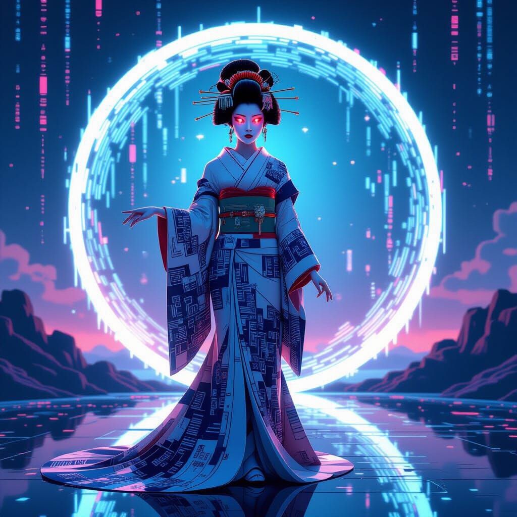 A digital cubist geisha with a flowing gown of binary code stands before a shimmering portal, their eyes radiating an otherworldly glow. The...
