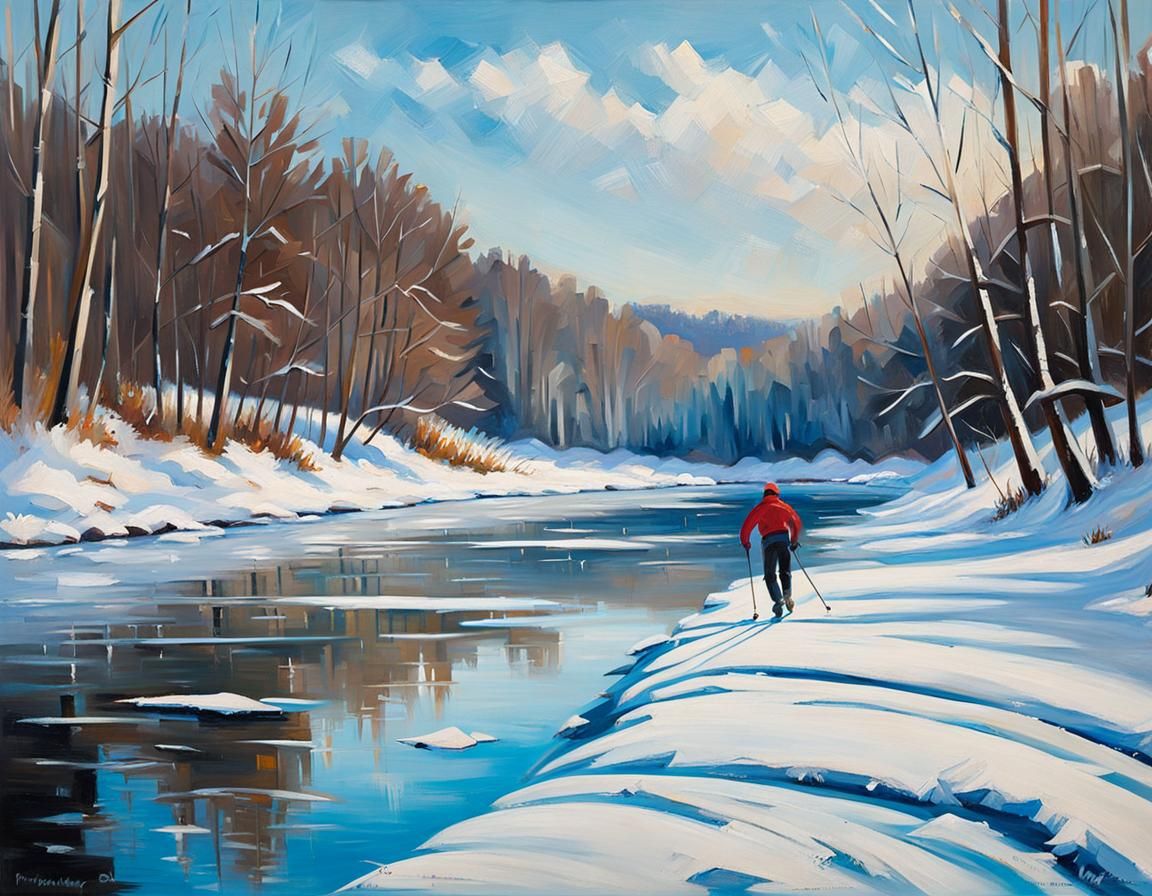 Impressionist winterscape with frozen river and cross-county skier  by @Fokje