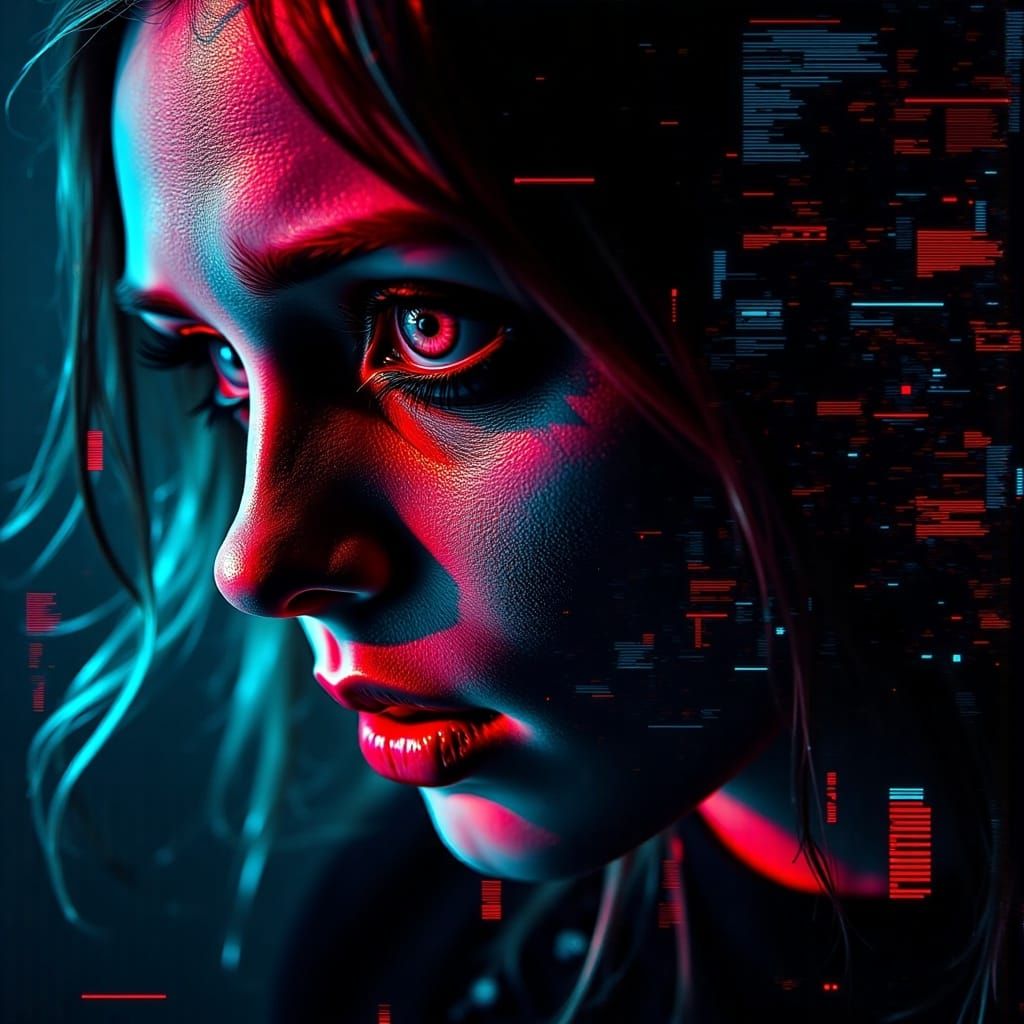 An overlaying glitching, digital display, with a logo: 'Dark Glitch' <lora:Dark Glitch:0.0>