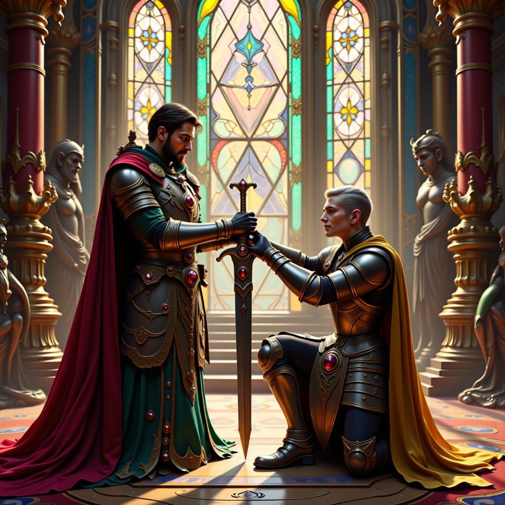 A knight in ornate armor, adorned with intricate engravings and a cloak draped over his shoulder, kneels humbly as a benevolent king, with a...
