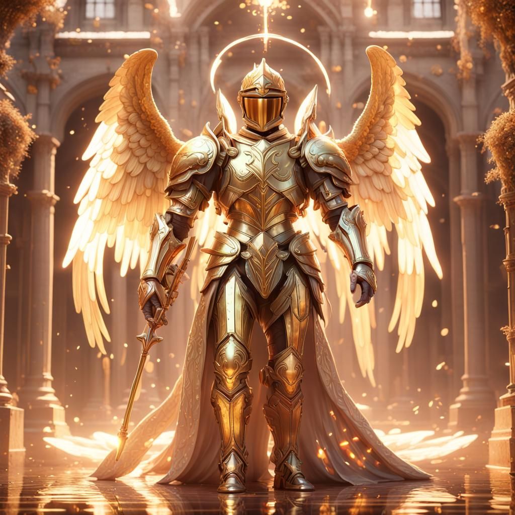 an angel knight with gold shining armor, Enchanting, Art Hoe, Golden