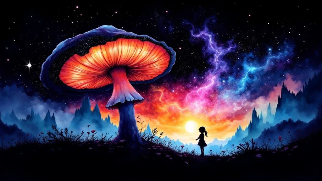 Cosmic landscape vista" Beautiful illustration, (watercolour ink:0.3) painting, colourful silhouette of a cosmic landscape made of stars ins...