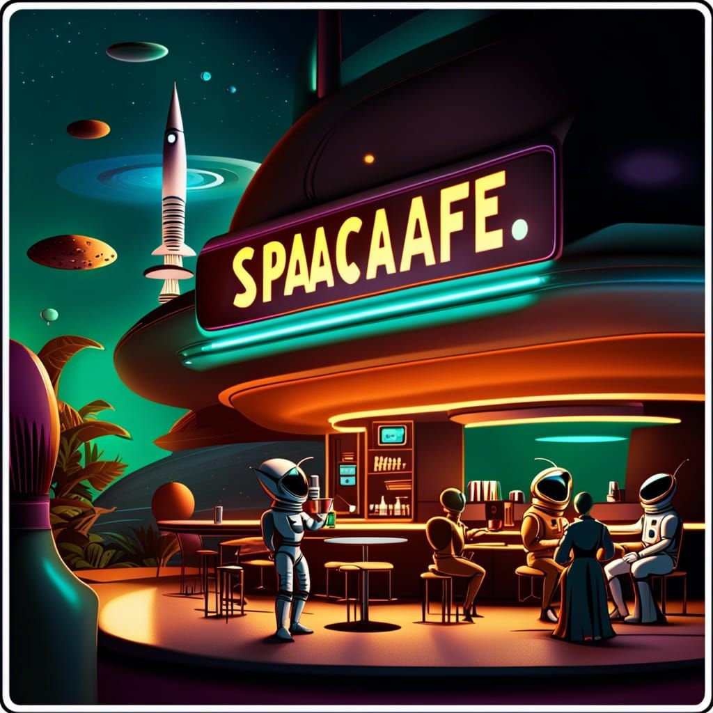 Alien & astronauts enjoying a good time at the Satellite Spa...
