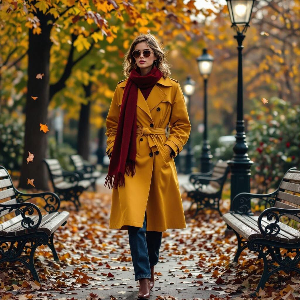 A stylized cinematic image of a young woman walking through a city park in autumn...