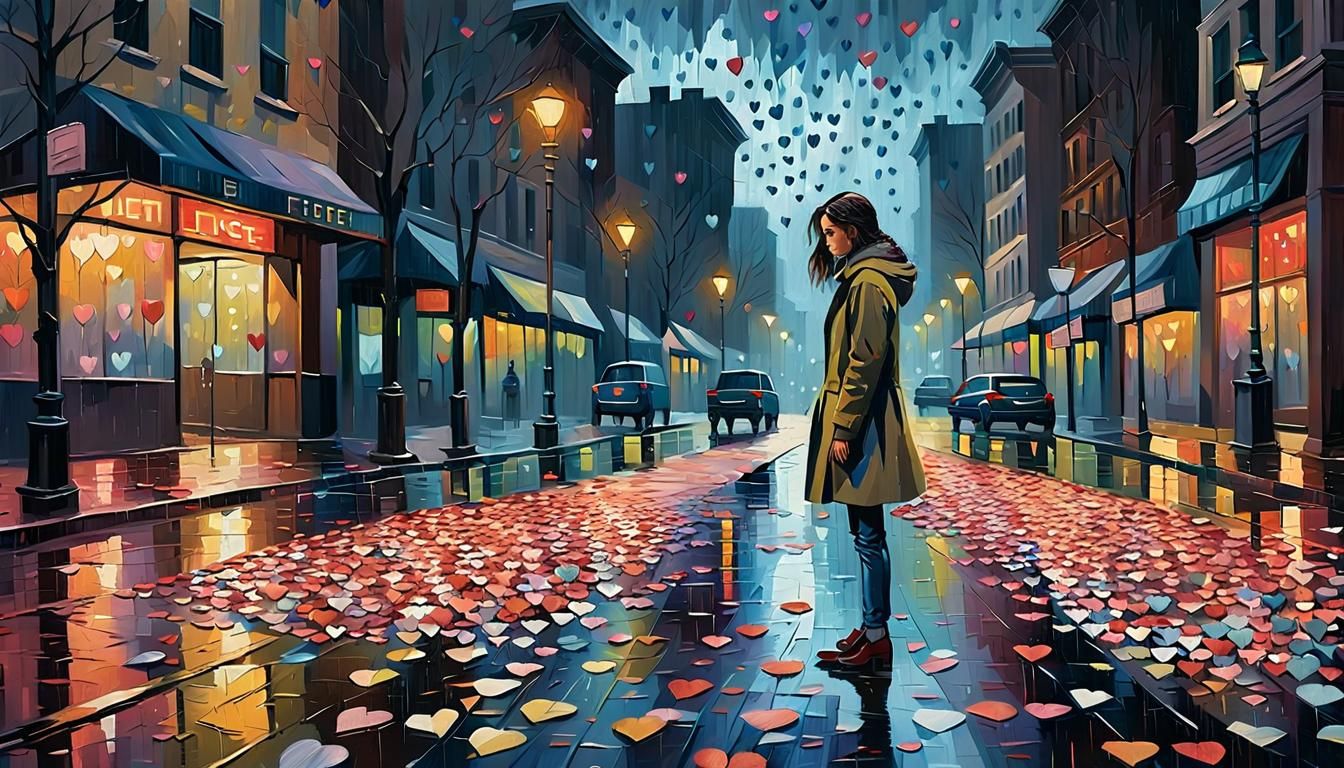 Woman Surrounded by Hearts in Rainy City: Expressionism