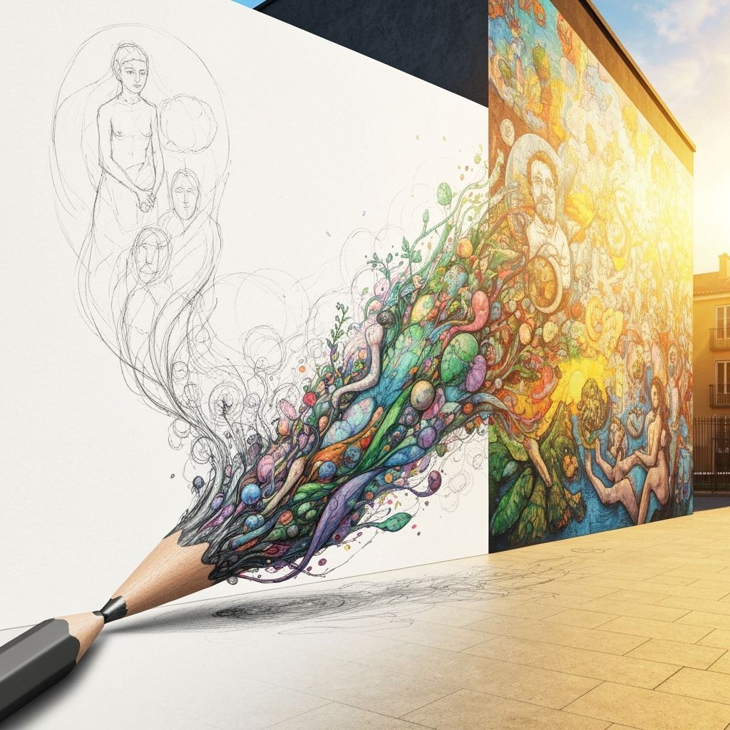 "A pencil undergoing a magical metamorphosis, starting as a simple graphite tool and gradually transforming ...  by @UsernameNotRequired