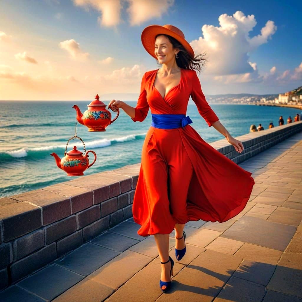 Elegant Lady Sprints Along Seaside Promenade with Teapot