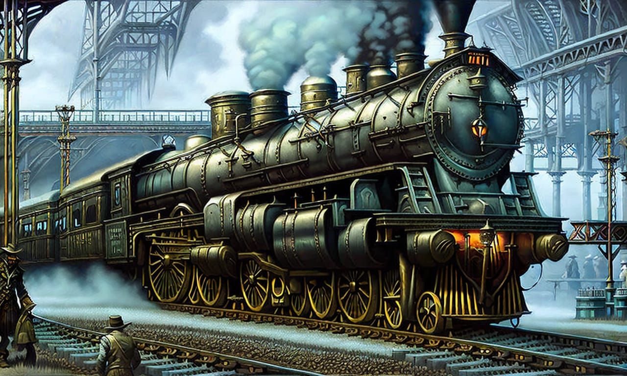 steampunk train, train station  by @Azeka