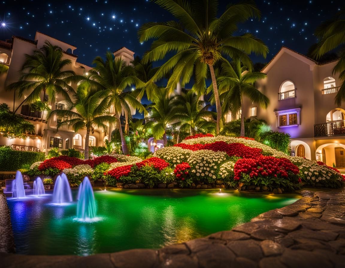 houses that look like coconuts. it shines in the fountains.n...