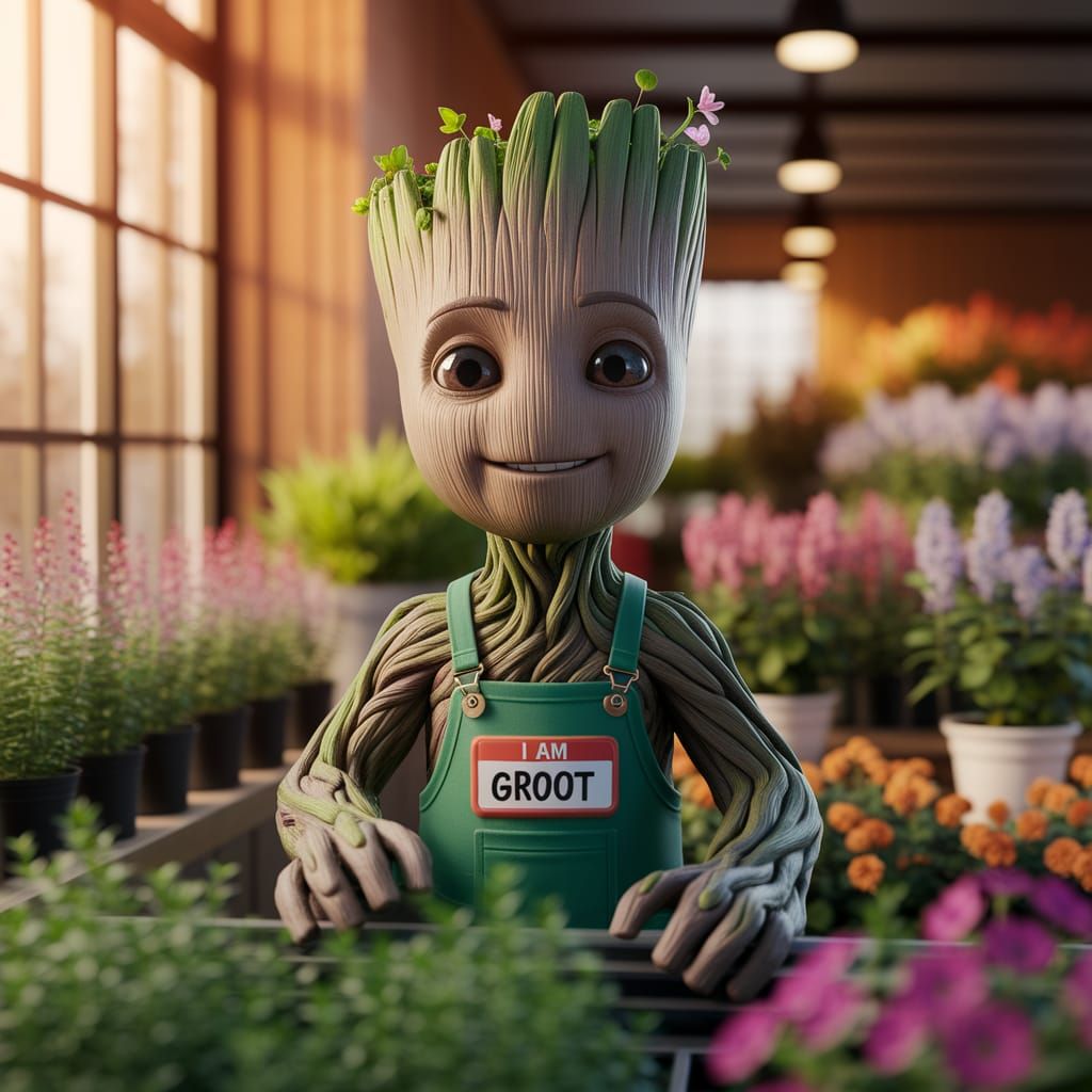 Groot working as a gardener in a flower store with a name tag that has "I am Groot" written on it  by @Revenant_