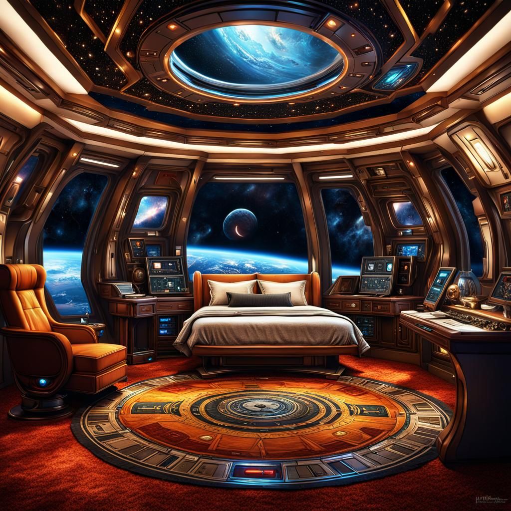 Captain’s bedroom suite aboard a spaceship  by @Ailee