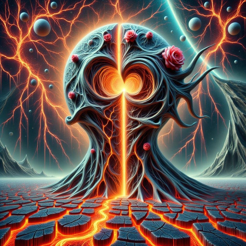 <lora:-Slender World-:1.0>  Hyper-detailed surreal portrait ▪ fractured face ▪ one side glowing with warm, suffocating love ▪ other side dar...