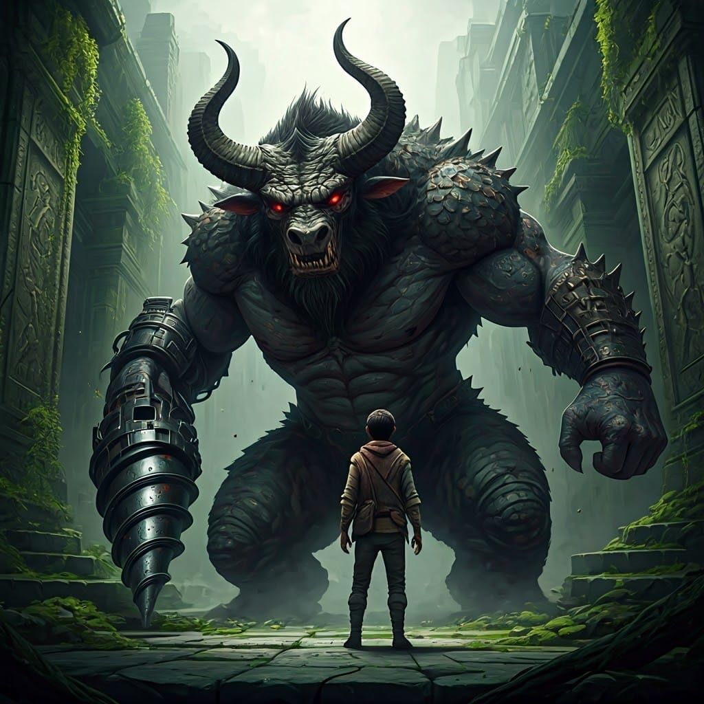 Frustrated Figure Confronts Minotaur-Like Titan in Ancient R...